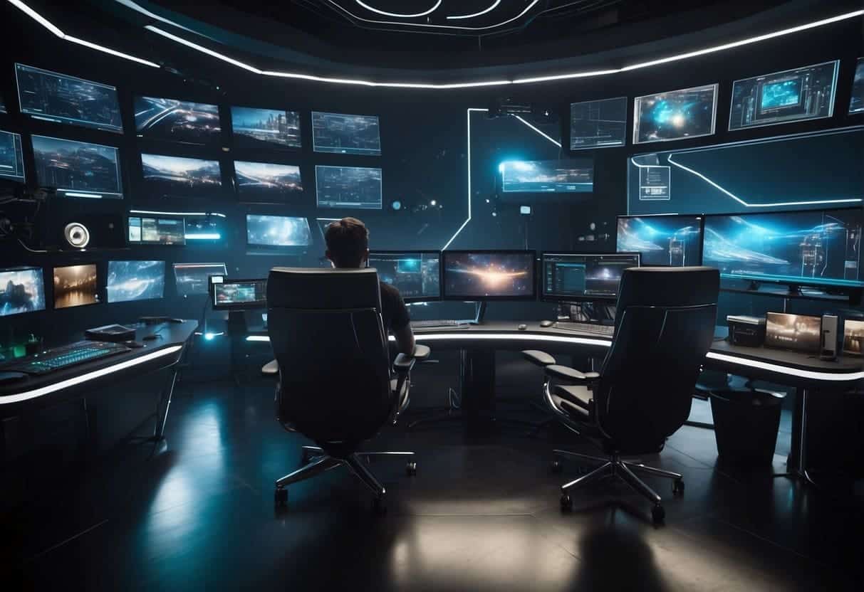 A futuristic blog and vlog studio with personalized AI assistants, holographic displays, and advanced content creation tools