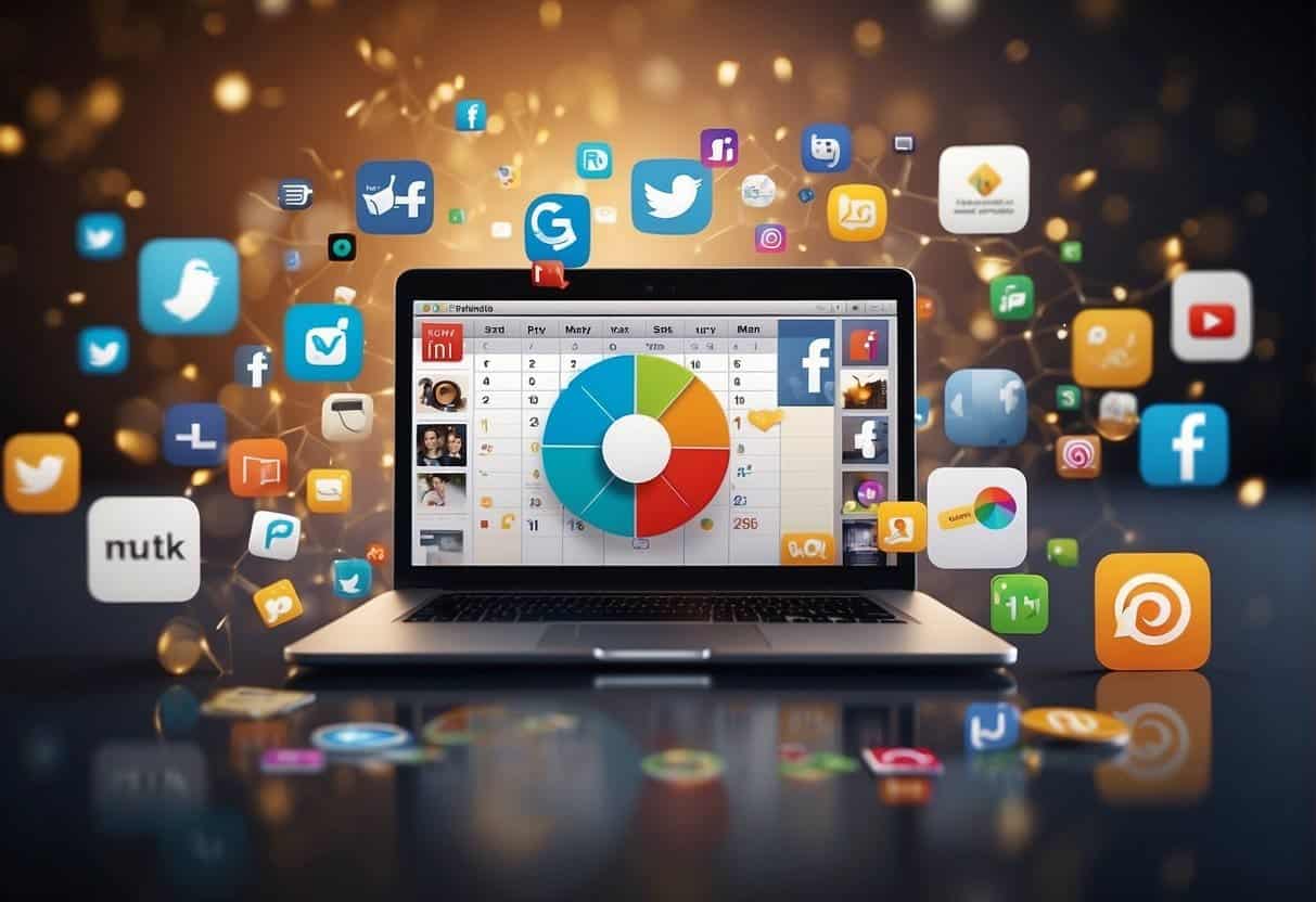 A calendar surrounded by various social media icons, representing multi-platform publishing for a specific target audience