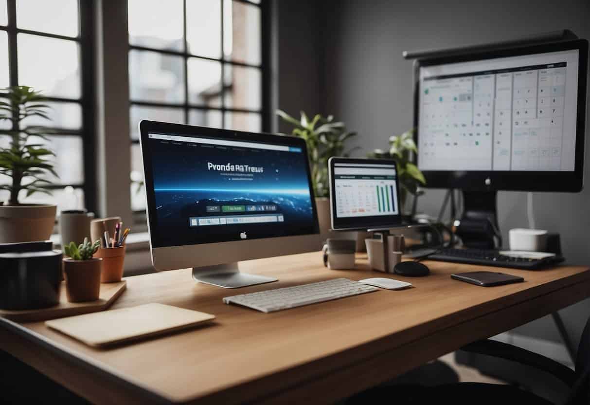 A desk with a computer, notebook, and pens. A calendar on the wall with dates and content ideas. Brand guidelines displayed prominently. Multiple screens showing different platforms