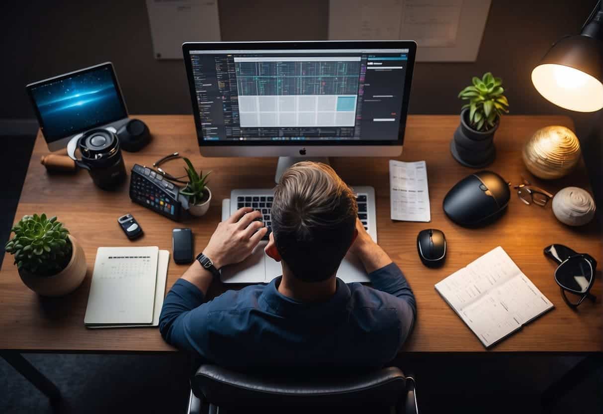 A person sits at a desk, surrounded by digital devices and calendars. They are organizing and planning content for various platforms