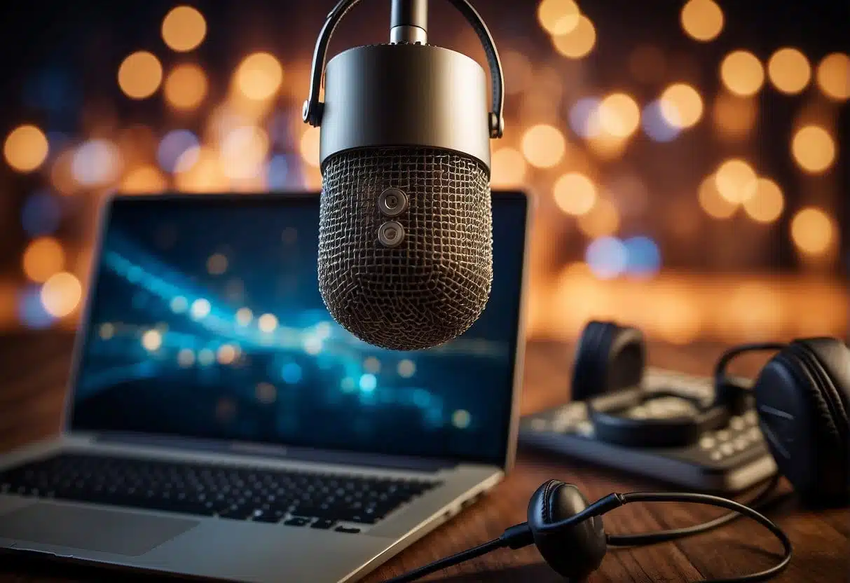 A microphone surrounded by sound waves, a laptop with a blog open, and headphones symbolizing the merging of podcasting and blogging