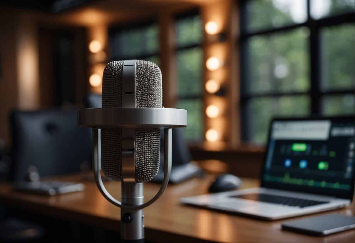 A microphone is set up in a soundproof recording studio, with a laptop and audio interface connected. A host's script and notes are laid out on the desk, ready for recording