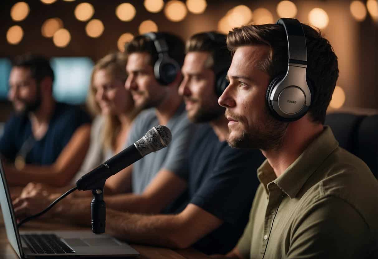 A person speaks into a microphone while others listen intently. A laptop and headphones are visible, highlighting the connection between podcasting and blogging