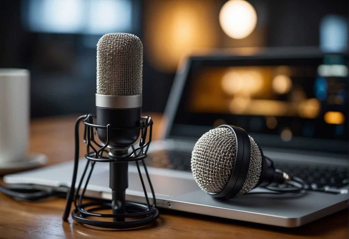 A microphone is set up in front of a laptop displaying a blog page. A podcast logo is visible on the screen, and a script is laid out next to the microphone