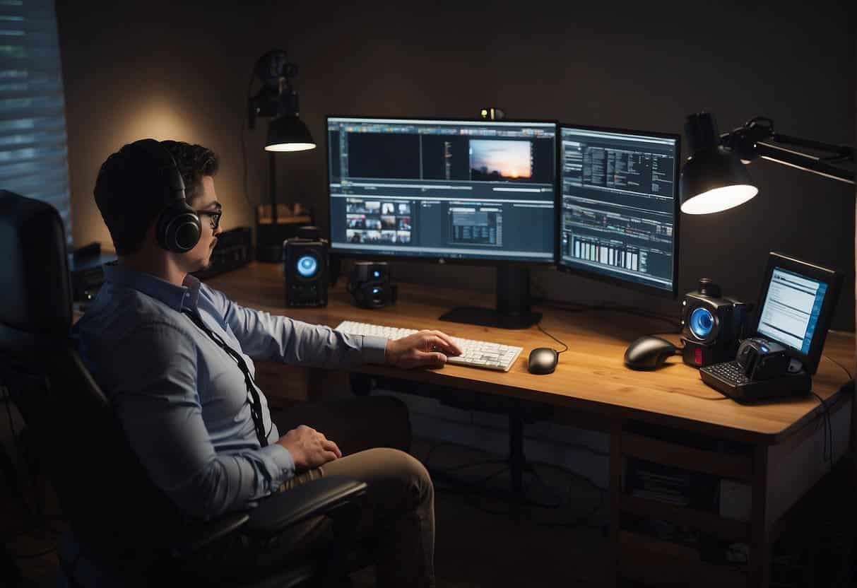 A person sitting at a desk with a computer, filming equipment, and various props. The room is well-lit and organized, with a clean and modern aesthetic