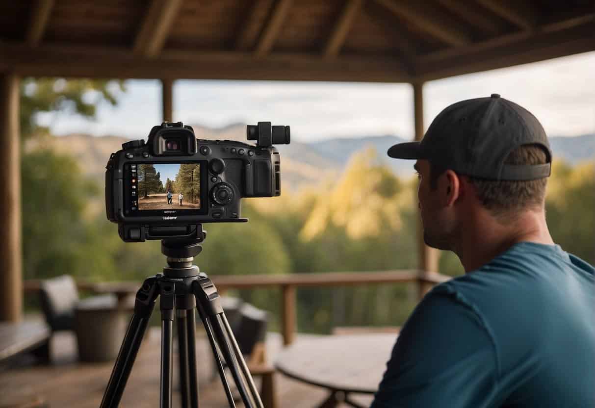 A camera on a tripod captures a scenic outdoor setting with natural lighting, while a vlogger speaks passionately in front of the camera