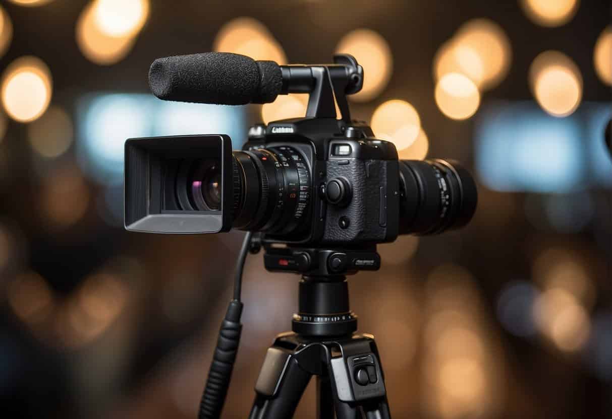 A camera mounted on a tripod records a vlogger speaking to the audience. Lights and a microphone are set up for optimal video and audio quality