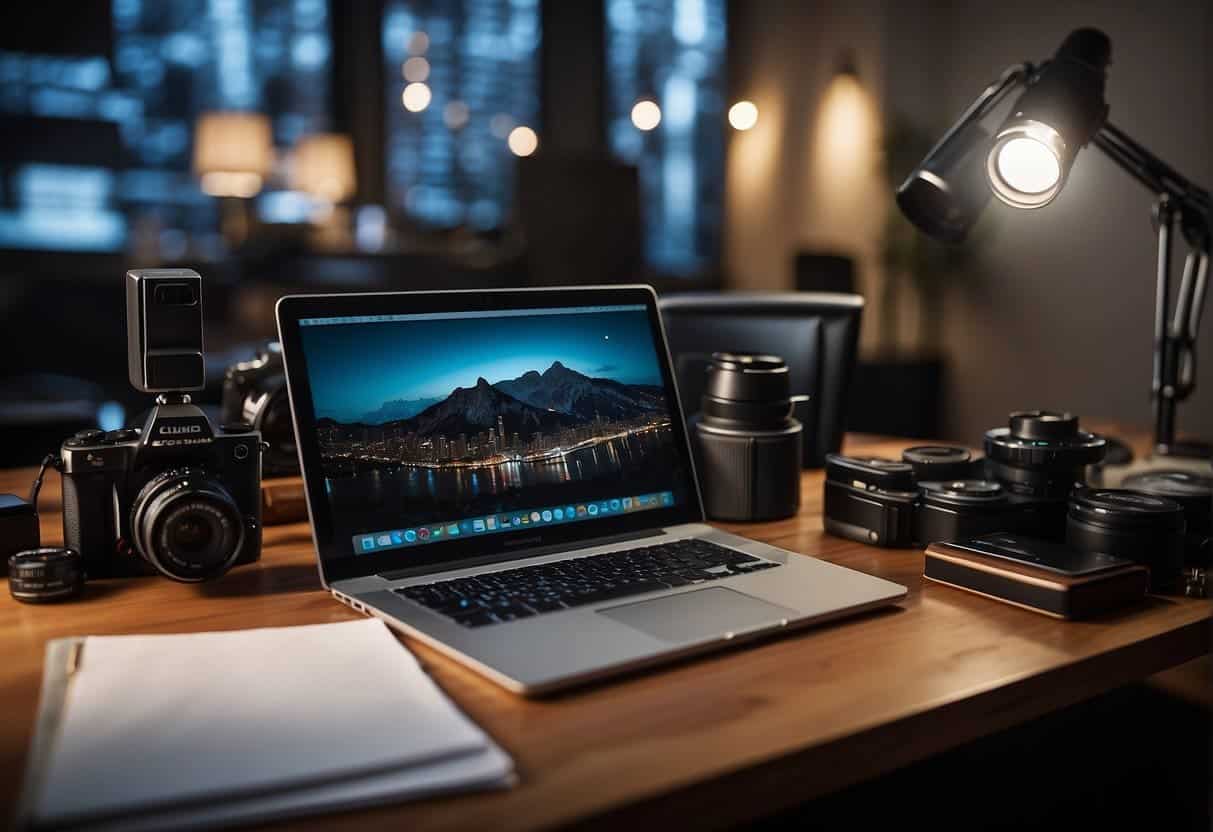 A cluttered desk with a laptop, notebook, and camera. A storyboard and script lay nearby, surrounded by props and lighting equipment