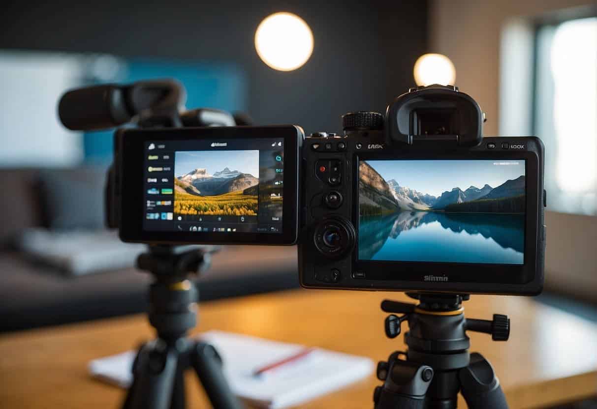 A camera and tripod set up in a well-lit room with a backdrop of colorful and engaging visuals, such as a whiteboard with video storytelling tips, a laptop with editing software, and a stack of books on vlogging techniques