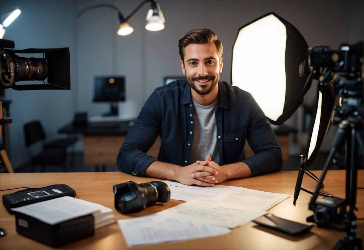 A vlogger sits in front of a camera, surrounded by props and lighting equipment. A storyboard and script are laid out on the table as the vlogger prepares to film a video