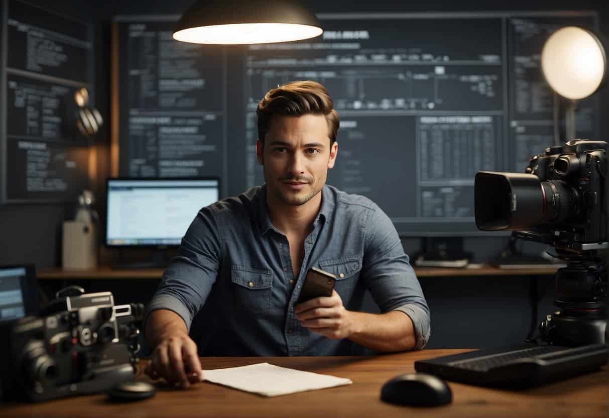 A vlogger sits at a desk with a camera and laptop, surrounded by props and lighting equipment. A storyboard and script are pinned to the wall, while editing software is open on the computer screen