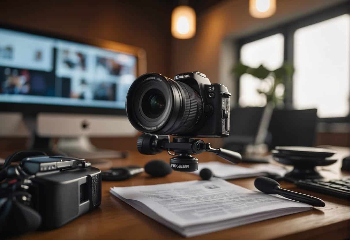 A vlogger sits at a desk, surrounded by legal documents and ethical guidelines. A camera and microphone are set up, ready to capture the vlogger's storytelling