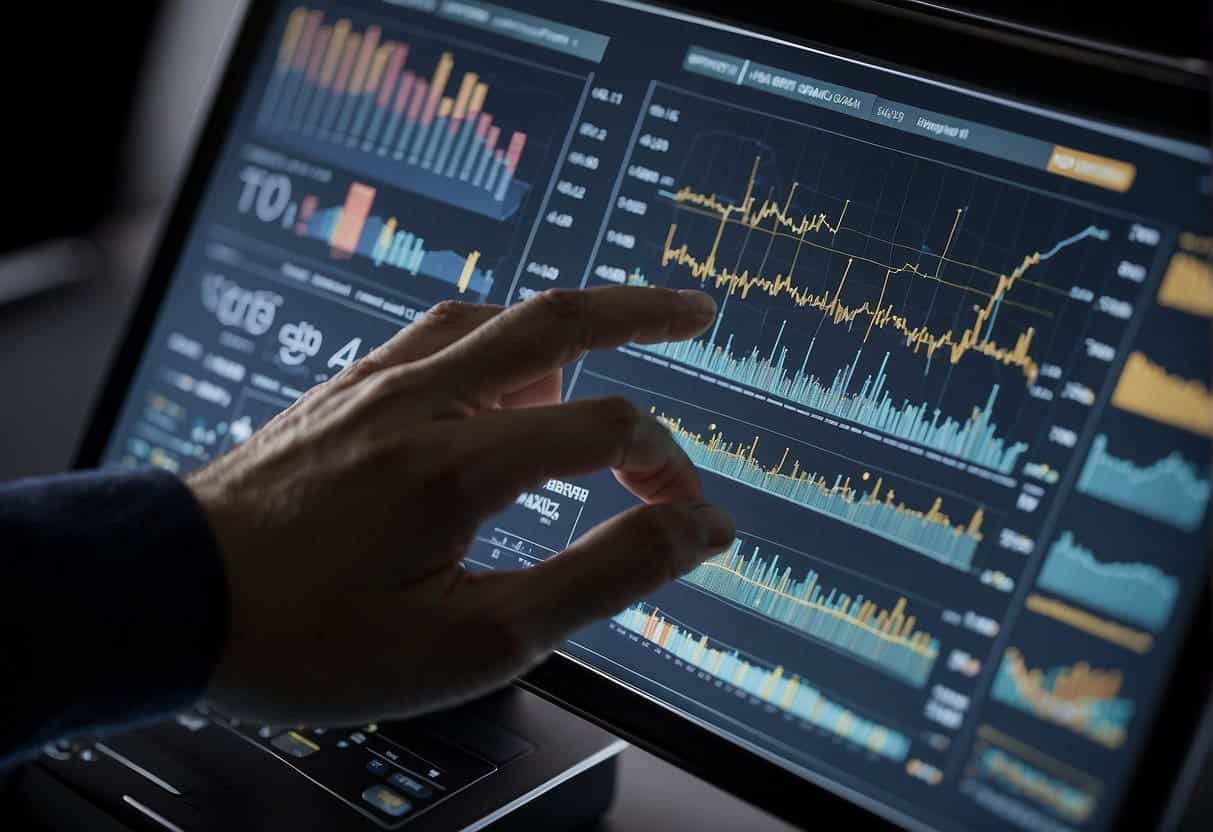 A computer screen displaying various data visualizations with charts, graphs, and diagrams. A person's hand reaching out to interact with the screen