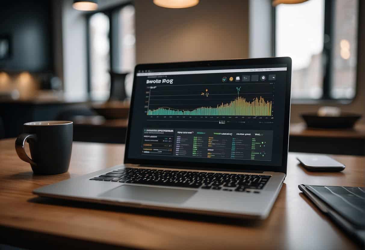 A laptop displaying a blog and vlog post with data visualizations, surrounded by design best practice guidelines