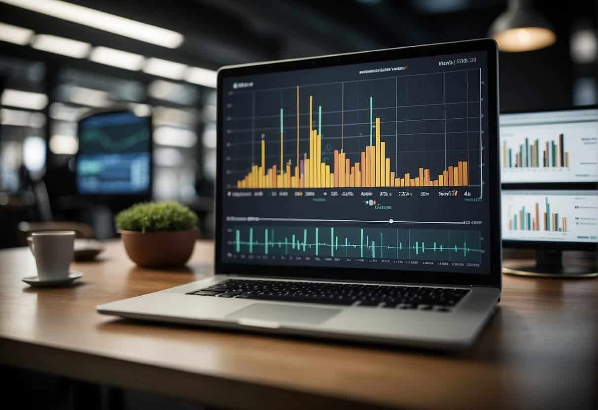 A bar graph and line chart displayed on a computer screen, with a blog and vlog post in the background. The graphs show data visualisation techniques for audience and content tailoring
