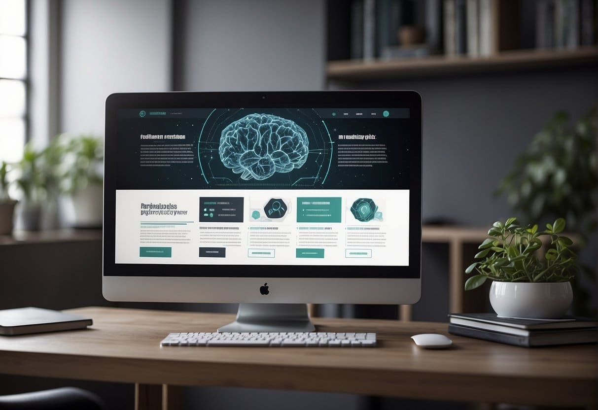 A computer screen with a website design incorporating neurodesign principles, surrounded by brain imagery and user psychology concepts