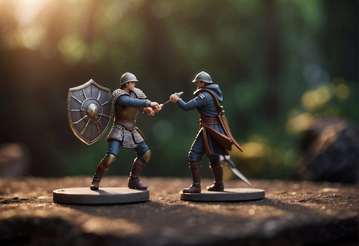 A figure shields a shield from incoming arrows, while another figure works to mend a broken shield