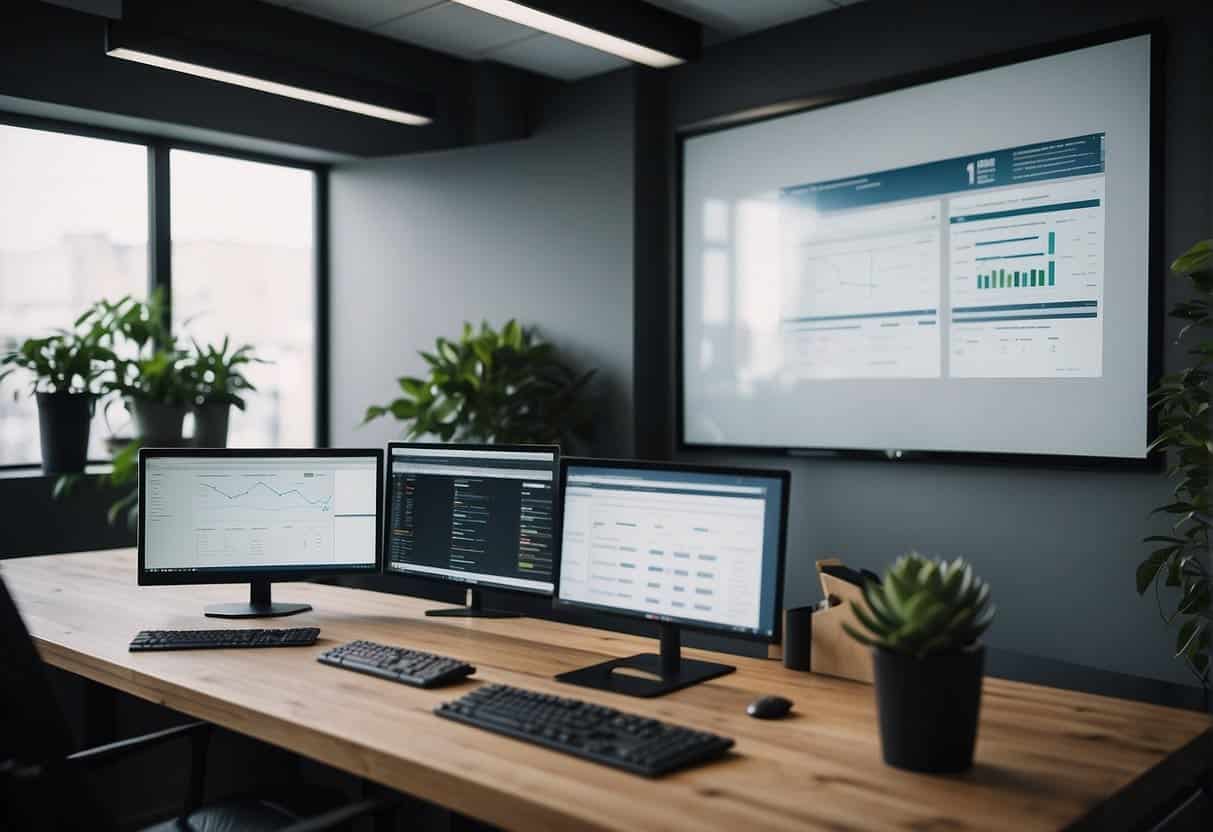 An office setting with a computer screen displaying SEO metrics, a whiteboard with SaaS SEO best practices, and a team brainstorming solutions - SEO Best Practices for SaaS Companies: Driving Organic Growth