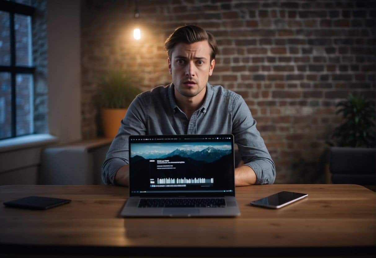 A blogger or vlogger receiving negative comments, looking stressed. Laptop with critical feedback displayed. Deep breath, preparing to address the crisis
