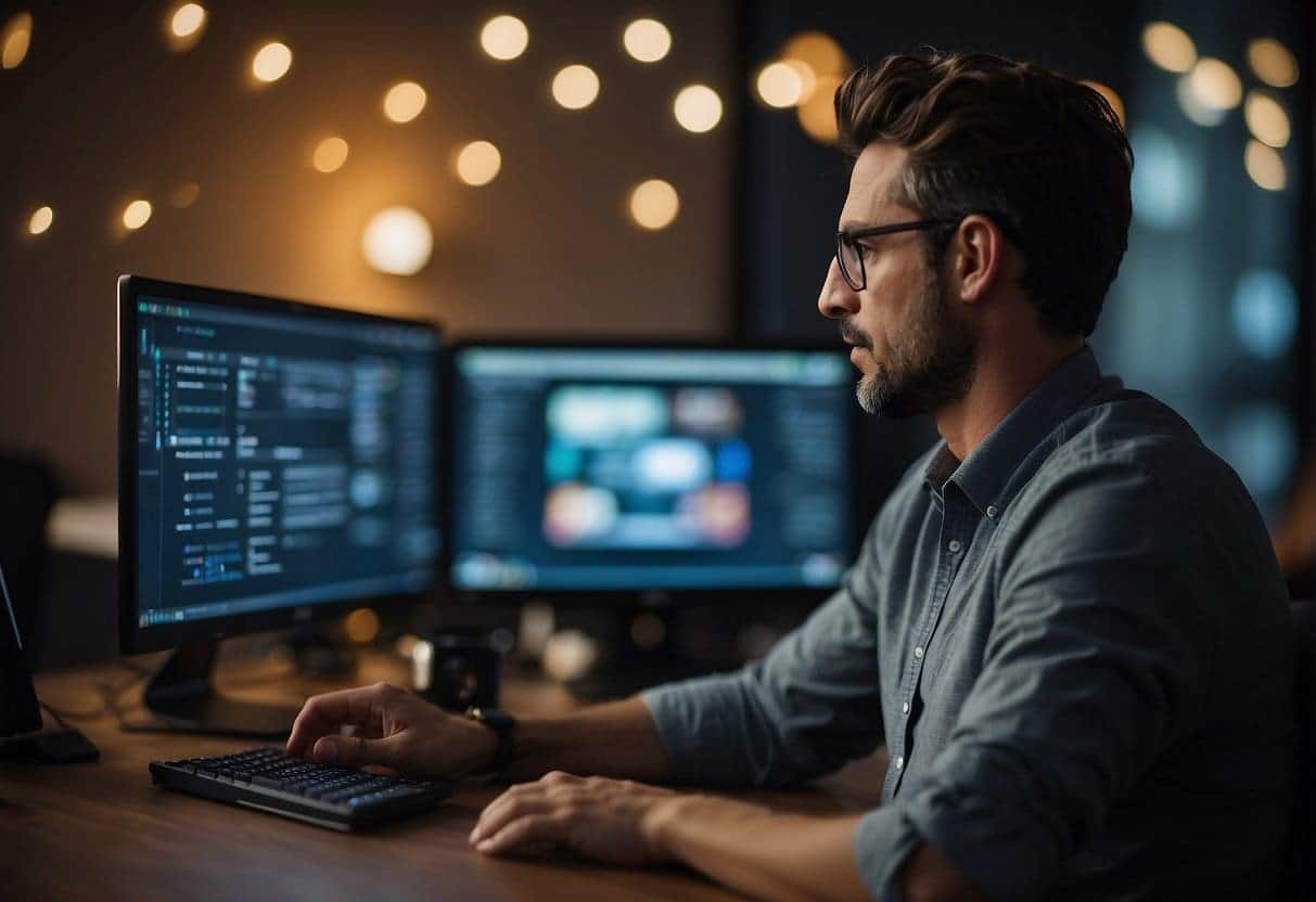 A person monitors comments on a blog and vlog, responding calmly and professionally to negative feedback. The atmosphere is tense, but the individual remains composed and focused on addressing the criticism