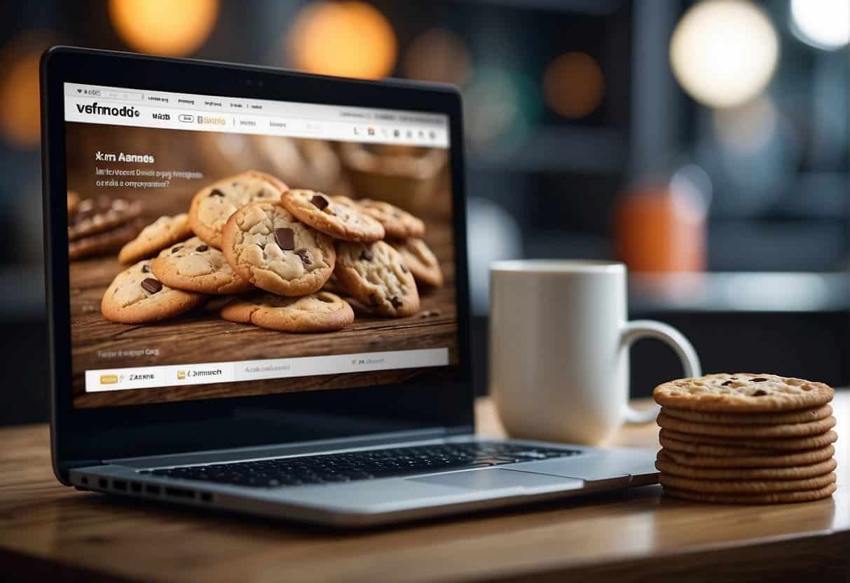 A computer screen displaying various web pages with contextual ads, while a cookie crumbles in the background