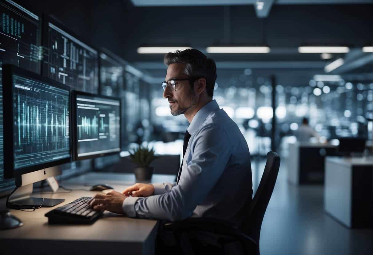 AI analyzes data, generates ideas, and creates content seamlessly. It operates within a digital workspace, utilizing advanced algorithms and automation