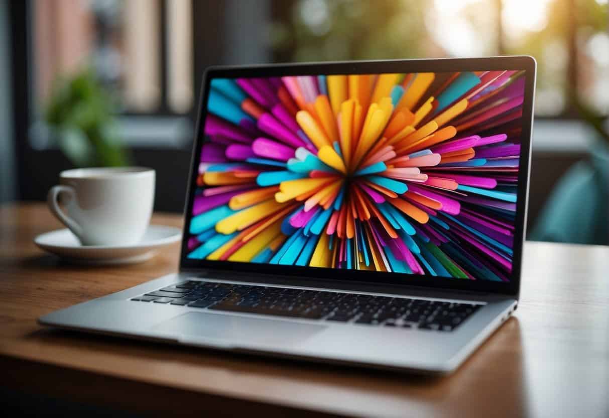 A laptop surrounded by colorful design elements, with a web page open showing SEO updates and creative web content