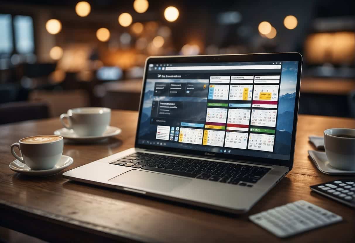A laptop surrounded by social media icons, with a content calendar and SEO keywords displayed on the screen - SEO Best Practices for SaaS Companies: Driving Organic Growth