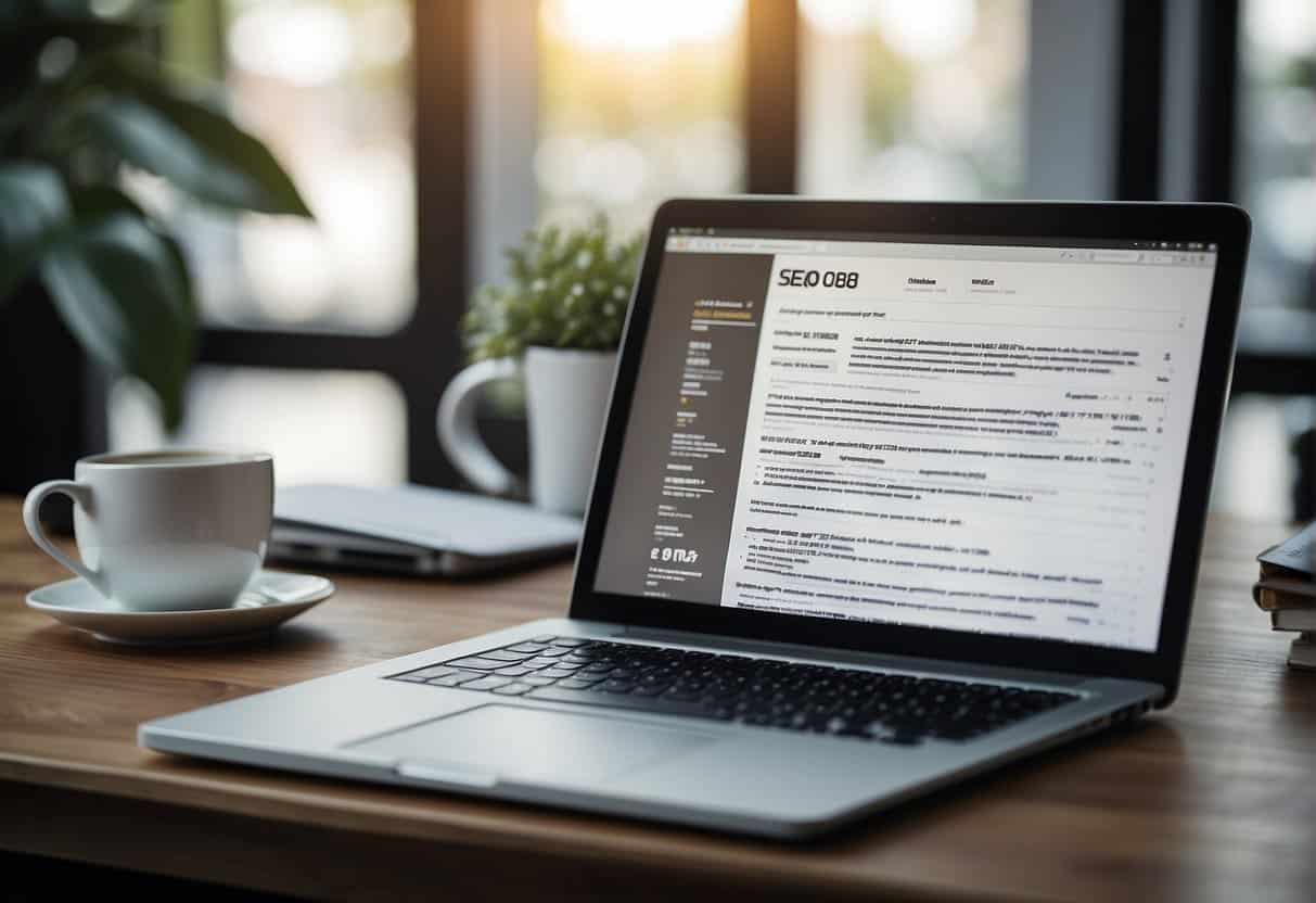 A laptop open on a desk, surrounded by SEO books and notes. A web page with "SEO Strategy" and "Website Updates" on the screen
