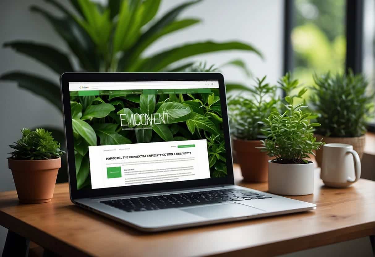 A laptop surrounded by various SEO tools and resources, with a vibrant green plant in the background, symbolizing the evergreen nature of the content