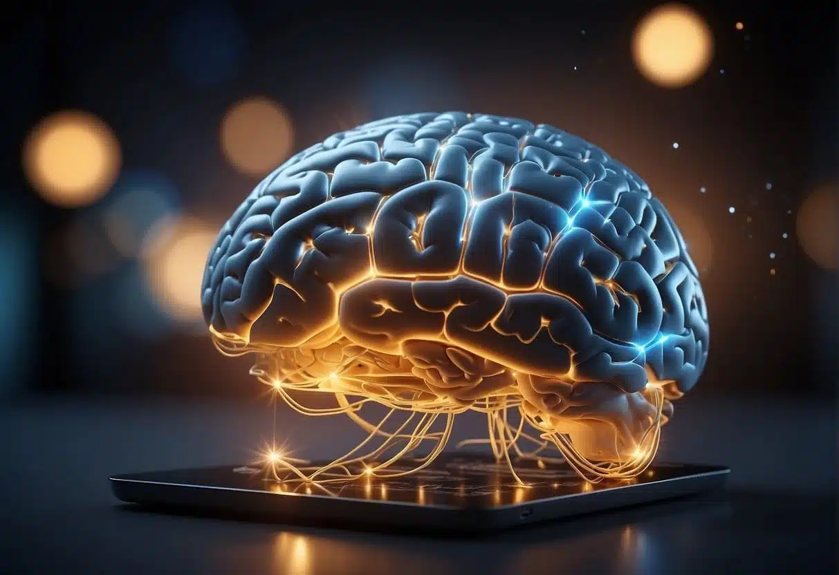 A brain with neural connections lighting up, surrounded by web design elements and shopping icons