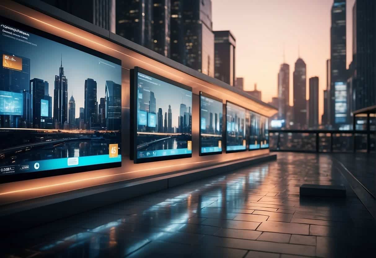 A futuristic cityscape with digital billboards and holographic displays showcasing advanced technology and AI algorithms optimizing e-commerce websites