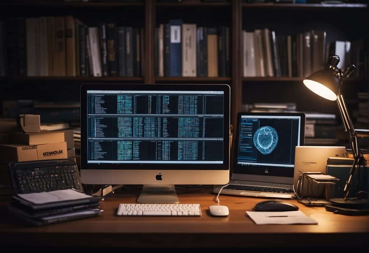 Neuroscience tools and computer screens surround a desk with eCommerce website data. Books and research papers are scattered around