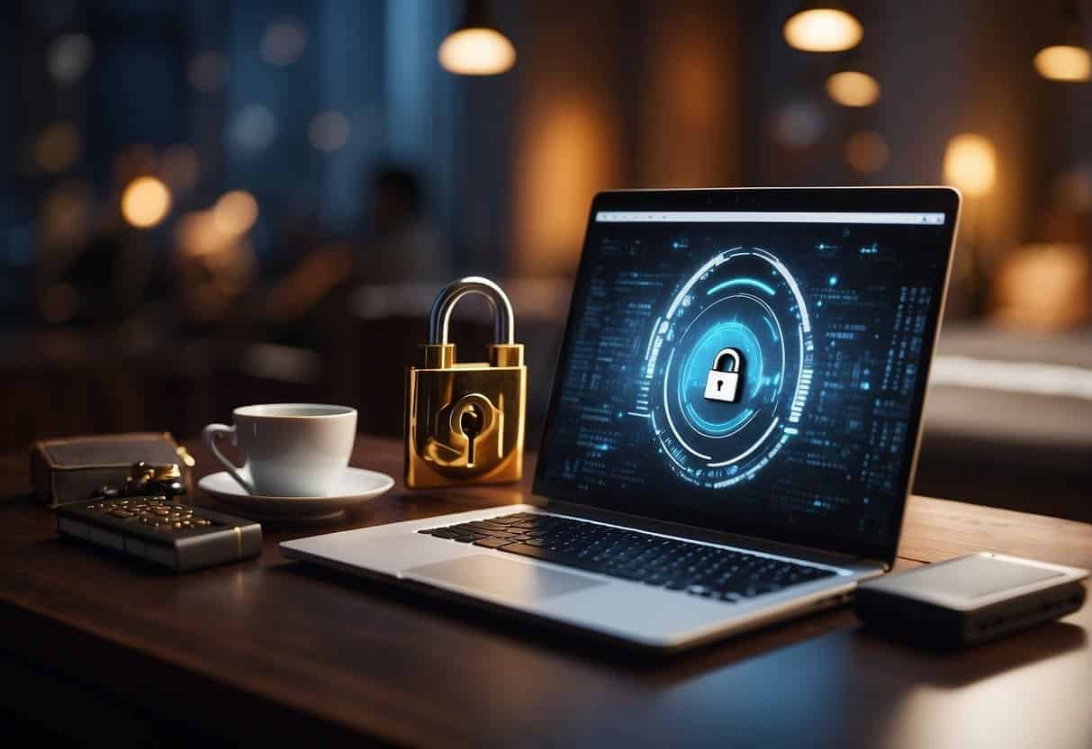 A laptop with a lock symbol on the screen, surrounded by various privacy-related icons and symbols. An open book with international privacy laws in the background