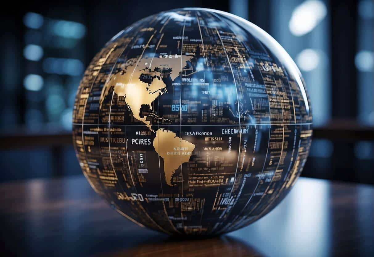 A globe surrounded by data protection laws. Lock symbols and privacy icons float around it. Web design elements intertwine with legal texts
