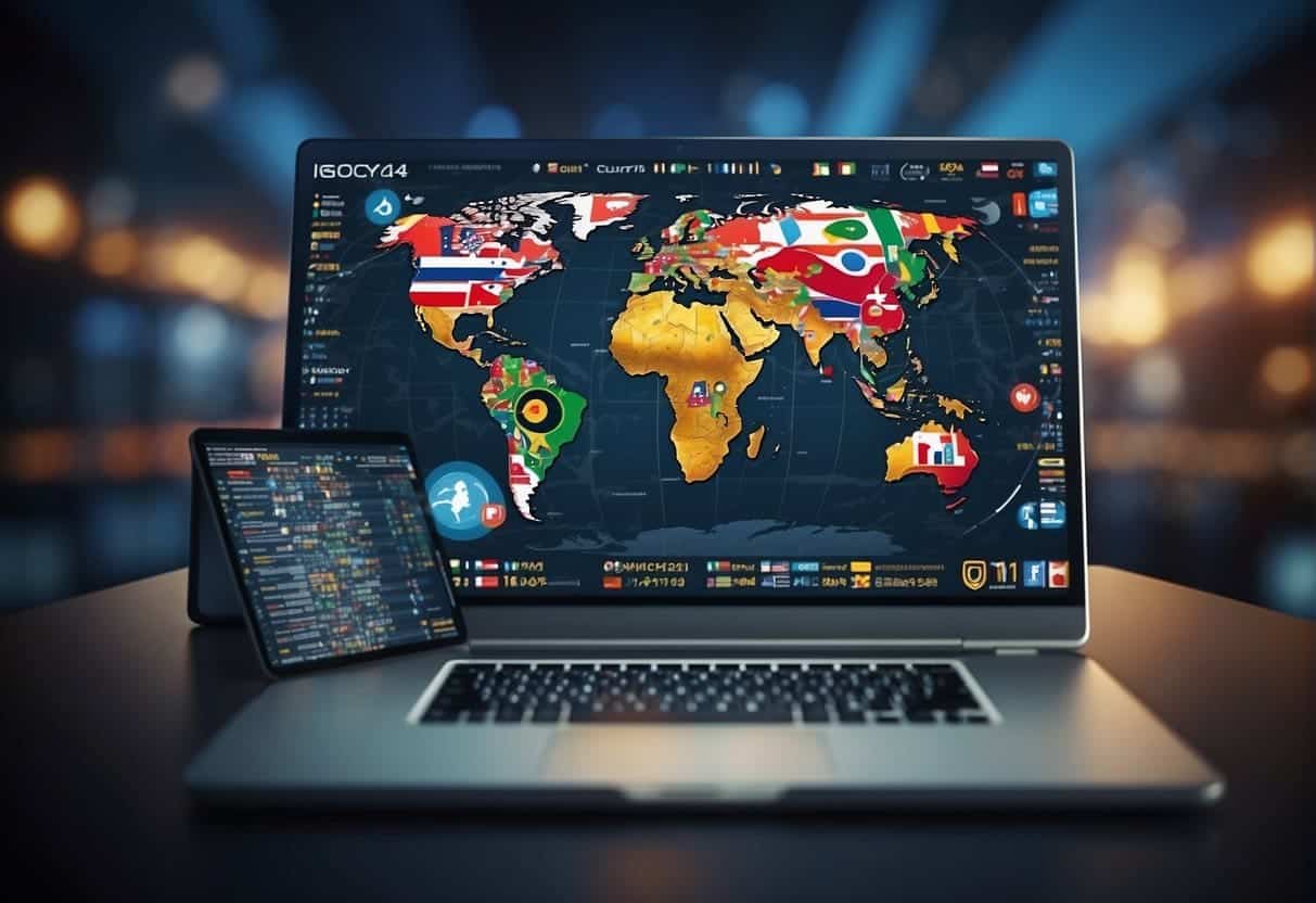 A world map with various country flags and data privacy symbols, surrounded by web design elements like code, icons, and user interfaces
