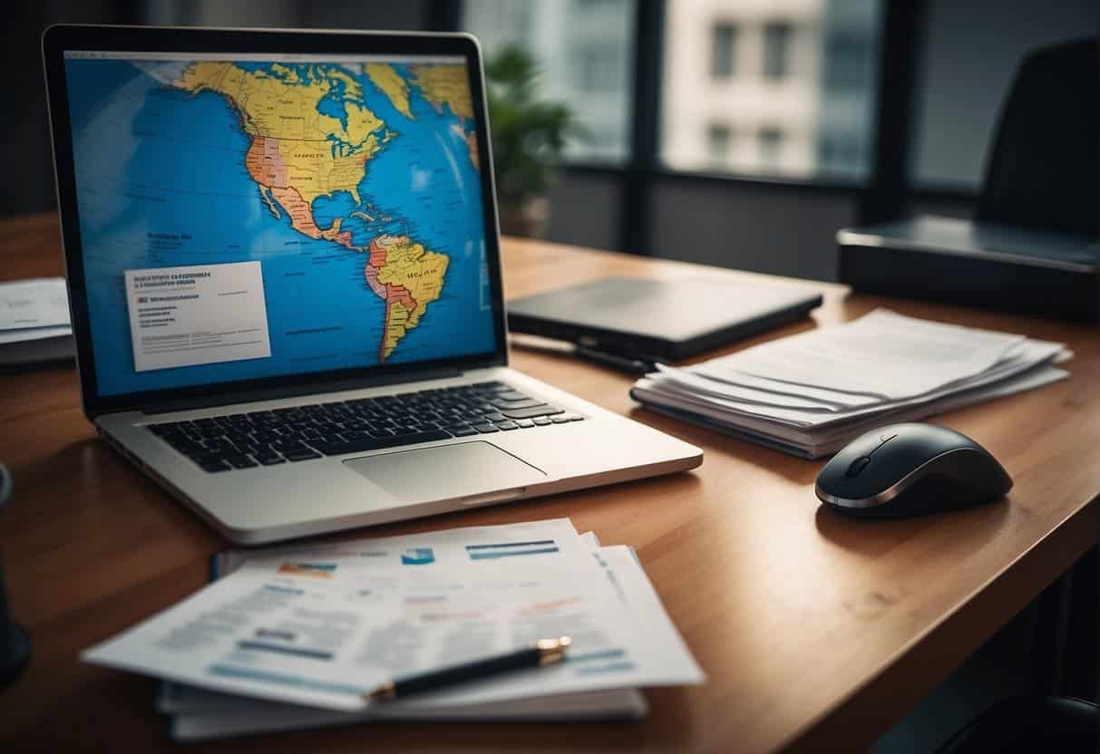 A globe surrounded by various legal documents from different countries, with a web designer's tools and a computer in the background