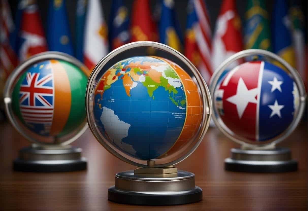 A globe surrounded by various national flags, with a web browser displaying different data privacy laws. A scale symbolizing the balance between user rights and business responsibilities