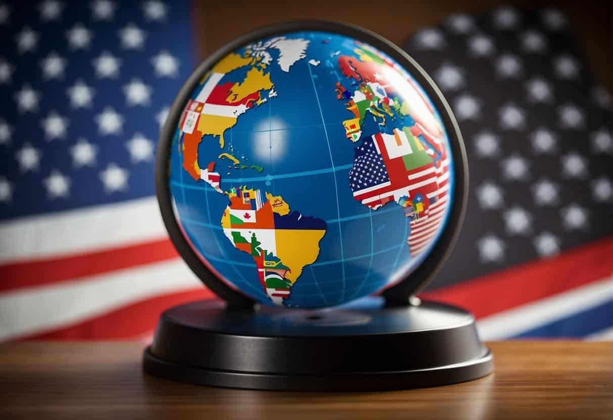 A globe surrounded by various national flags, with a web browser window in the background displaying a website. The globe is divided into sections, each representing a different country's data privacy laws