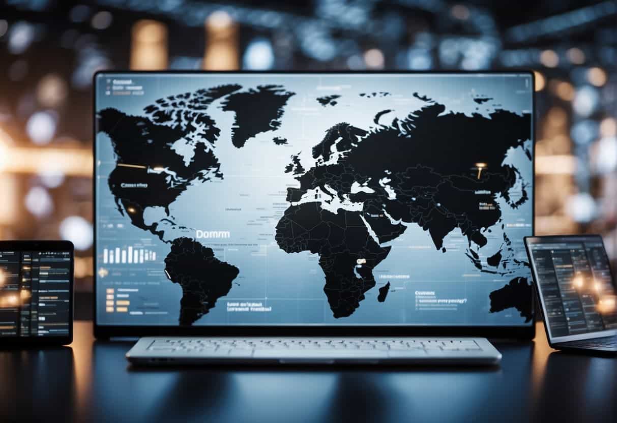 A world map with various countries highlighted, surrounded by computer screens displaying different website designs. Textbooks on data privacy laws in the background