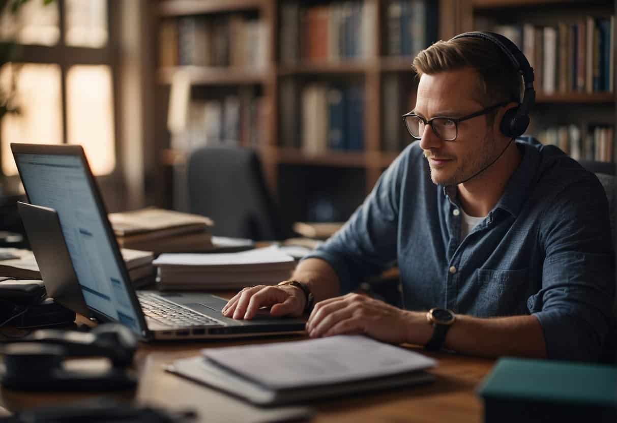 A person sits at a desk with a computer, surrounded by books and papers. They are researching keywords and SEO strategies while listening to a podcastPodcast SEO: Strategies to Boost Your Show's Online Presence