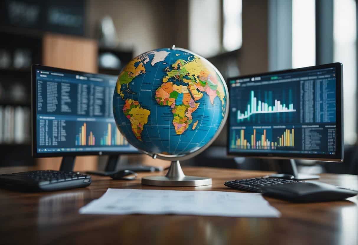 A globe surrounded by various legal documents and computer screens displaying different data privacy laws from around the world