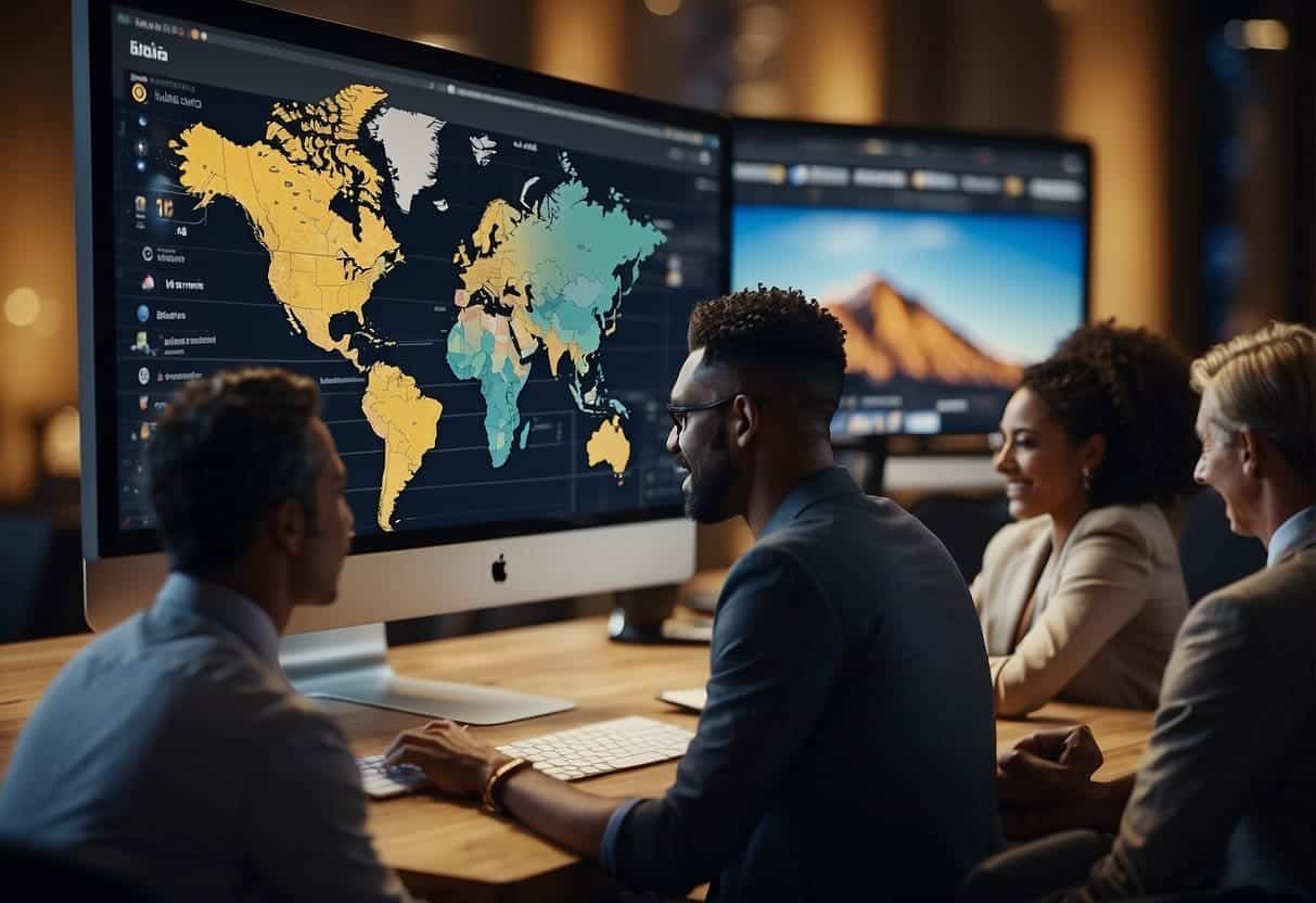 A diverse group of people interacting with a website, each experiencing personalized content based on their cultural background. The website interface reflects a global audience, with tailored features and language options