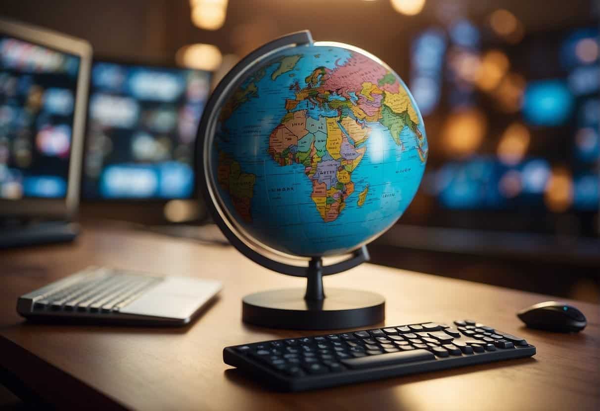 A globe surrounded by diverse cultural symbols, with a web design interface displayed on a computer screen in the background