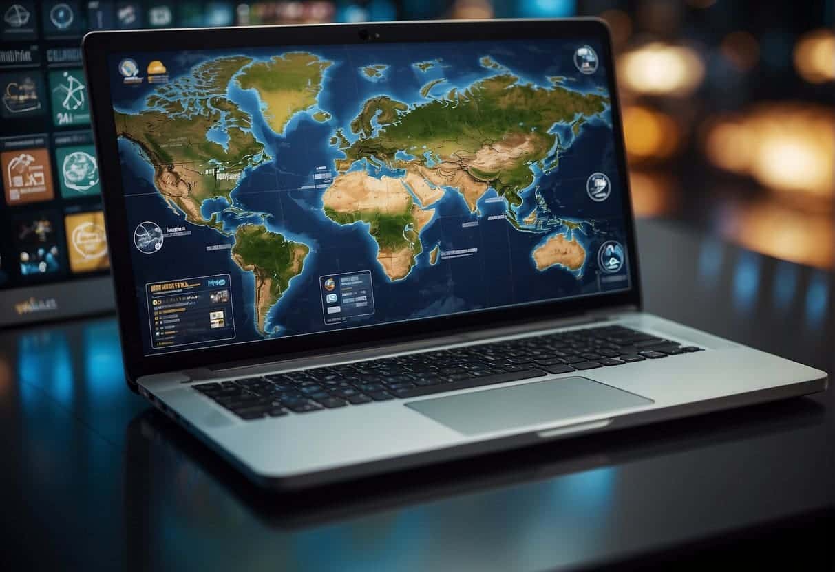 A computer screen displaying a website with multilingual options, alongside various cultural symbols and icons. Global map in the background