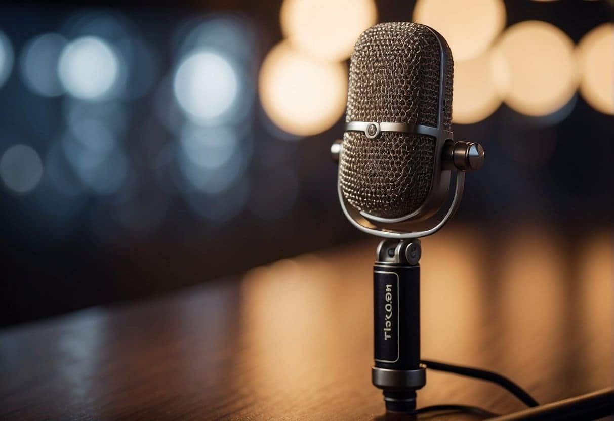 A microphone with a podcast logo on it, surrounded by SEO keywords and strategies, with a spotlight shining on it to increase visibility - Podcast SEO: Strategies to Boost Your Show's Online Presence