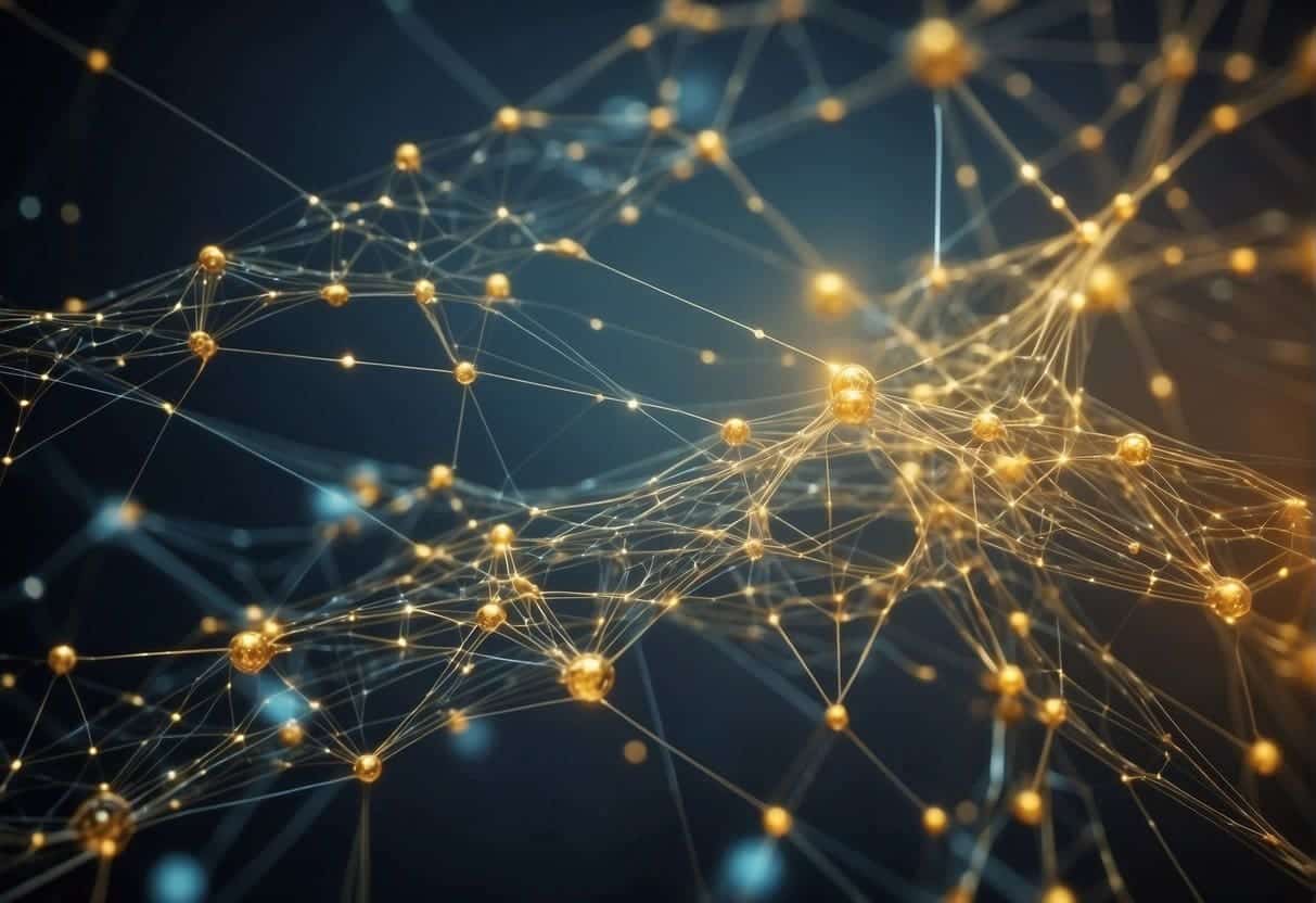 A web of interconnected lines and nodes, representing site structure, with algorithm updates swirling around like a storm