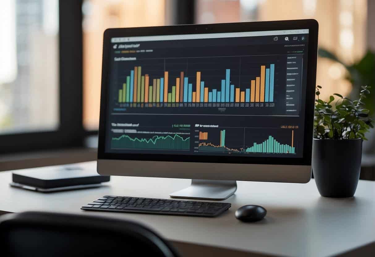 A computer monitor displays a bar graph trending upwards, surrounded by various SEO tools and keywords. A podcast logo is prominent in the background - Podcast SEO: Strategies to Boost Your Show's Online Presence