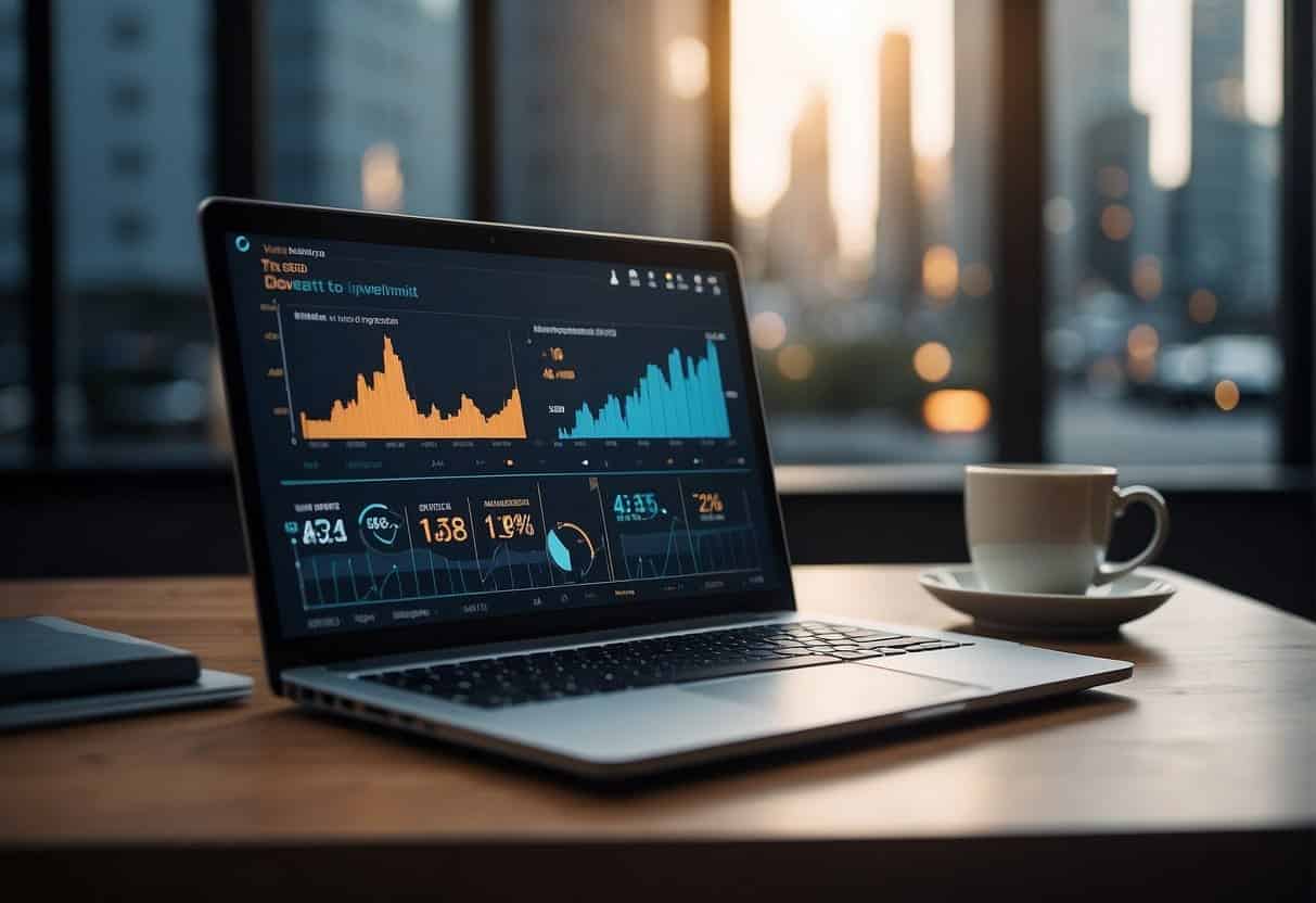 A laptop displaying a website with a voice UI, surrounded by charts and graphs showing analytics and improvement data