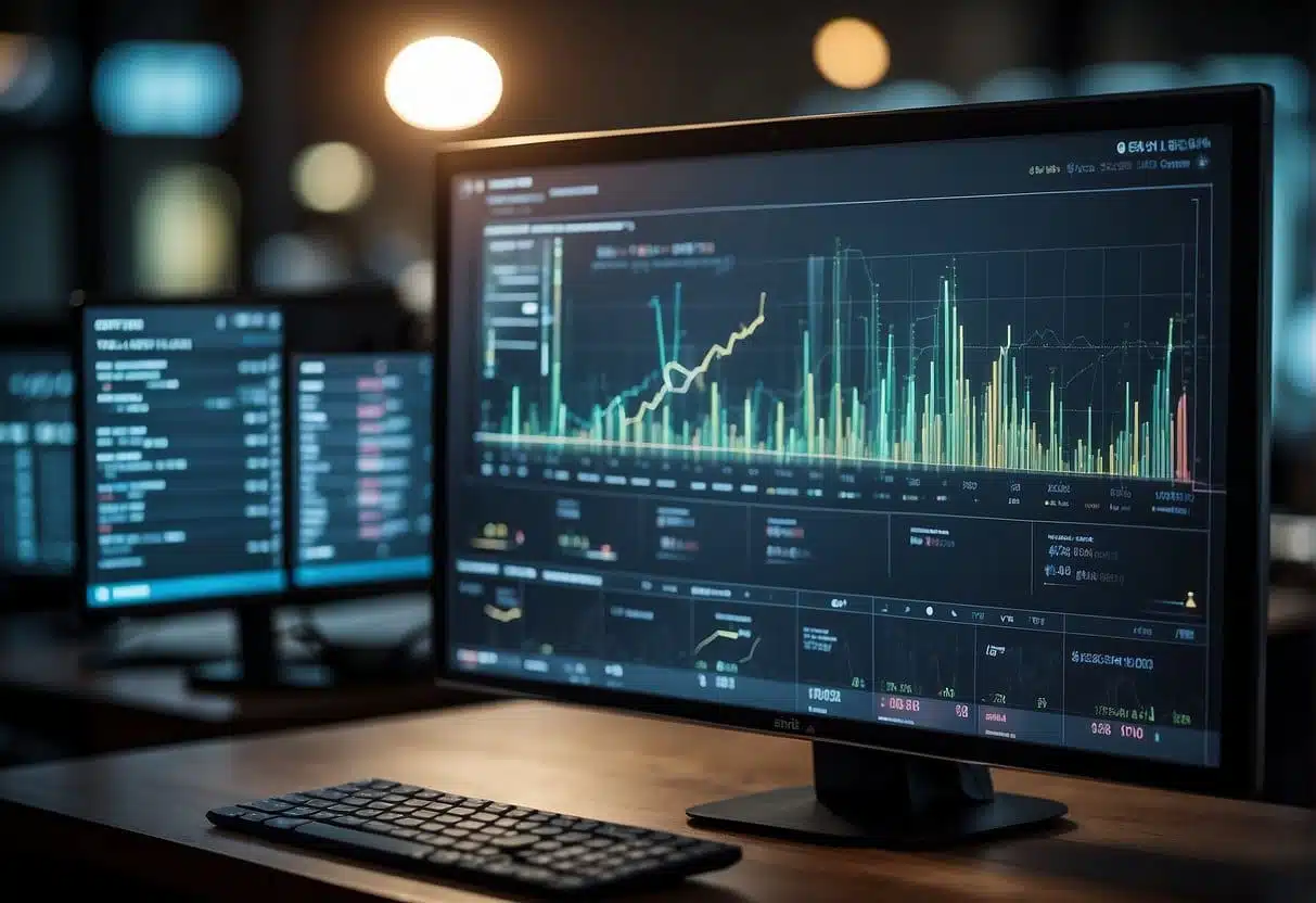 A computer screen displaying predictive analytics data with various customer engagement metrics and charts